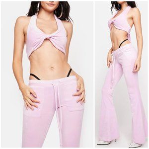 NWT Dolls Kill Two Piece Pink Velour Halter And Pants Set Festival Vacation Rave